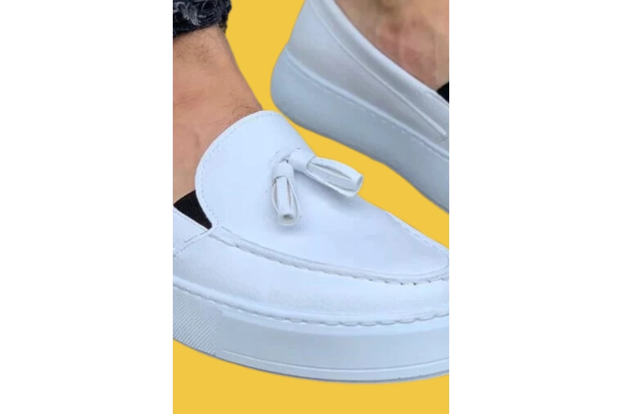 Shoecide Bağcıksız Rahat Taban Püsküllü Beyaz Erkek Günlük Spor Klasik Ayakkabı 717