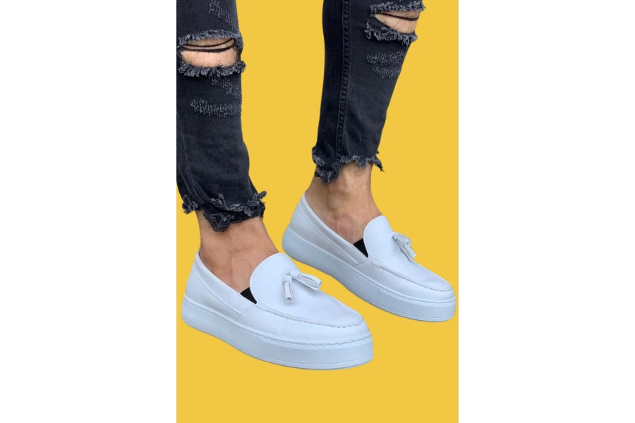 Shoecide Bağcıksız Rahat Taban Püsküllü Beyaz Erkek Günlük Spor Klasik Ayakkabı 717