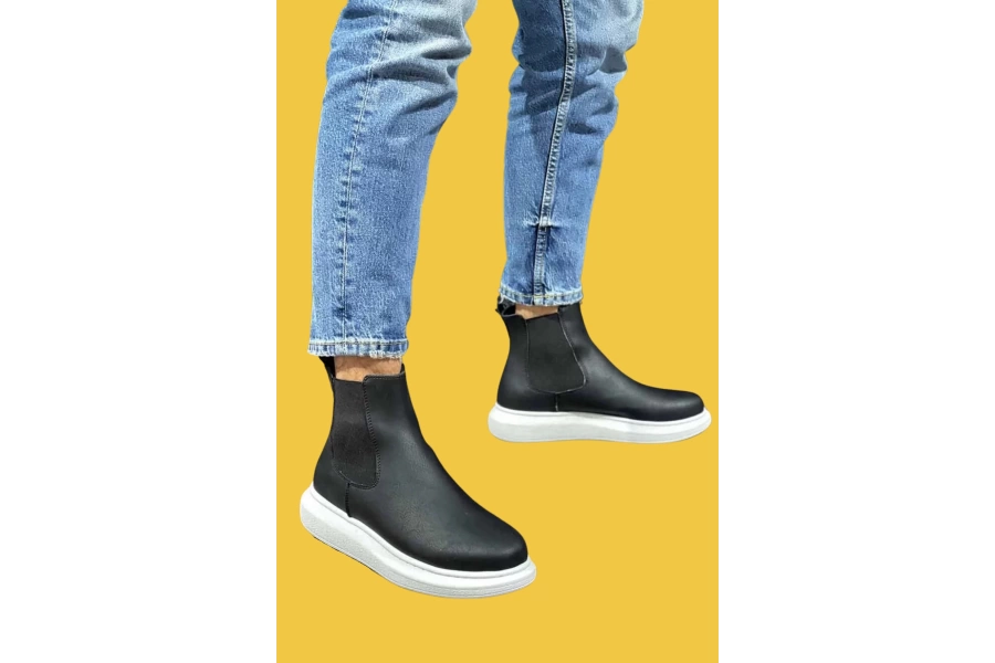 Shoecide Bağcıksız Rahat Yüksek Taban Siyah Erkek Chelsea Spor Bot 111 (beyaz Taban)