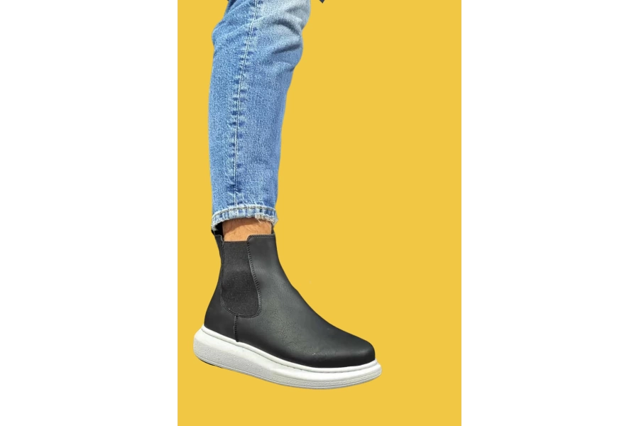 Shoecide Bağcıksız Rahat Yüksek Taban Siyah Erkek Chelsea Spor Bot 111 (beyaz Taban)