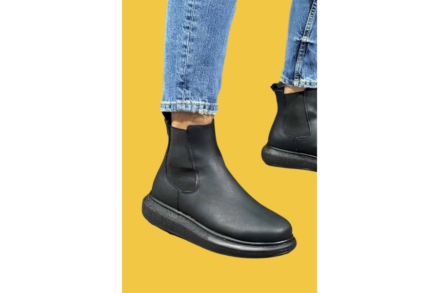 Shoecide Bağcıksız Rahat Yüksek Taban Siyah Erkek Chelsea Spor Bot Ayakkabı 111 (siyah Taban)