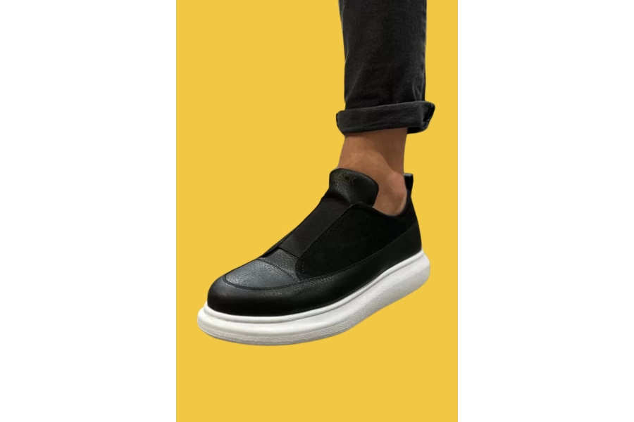Shoecide Bağcıksız Rahat Yüksek Taban Siyah Erkek Sneakers Ayakkabı 911 (beyaz Taban)