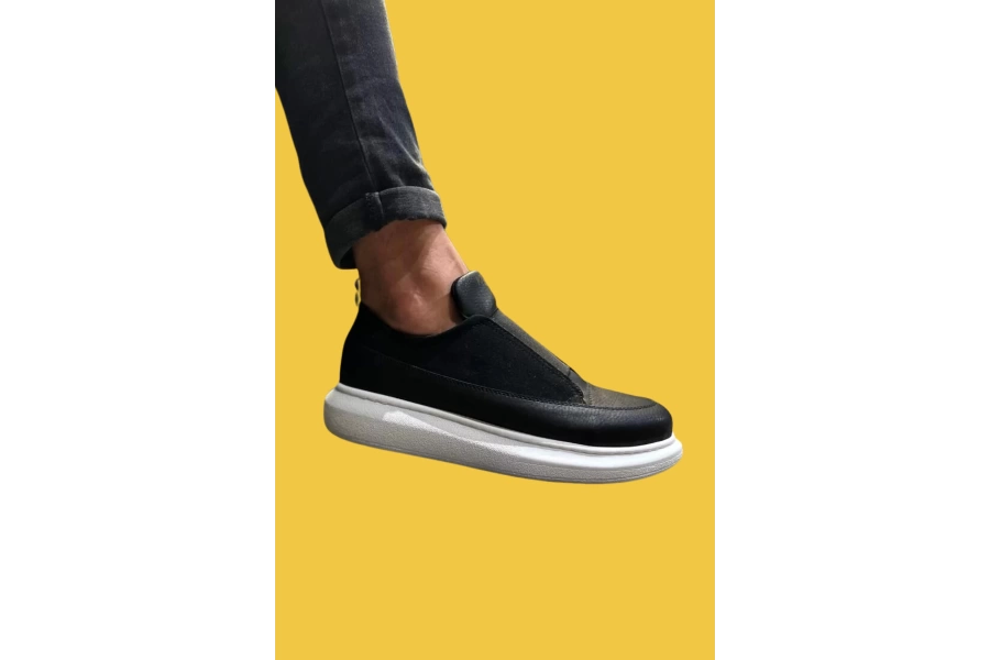 Shoecide Bağcıksız Rahat Yüksek Taban Siyah Erkek Sneakers Ayakkabı 911 (beyaz Taban)