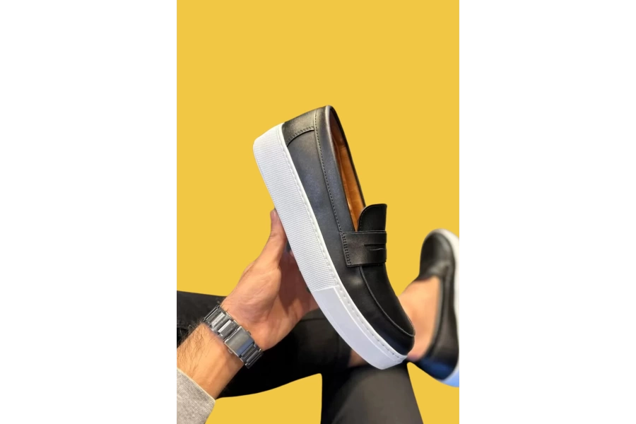 Shoecide Bağcıksız Slip-on Erkek Siyah Günlük Klasik Ayakkabı 400 (beyaz Taban)