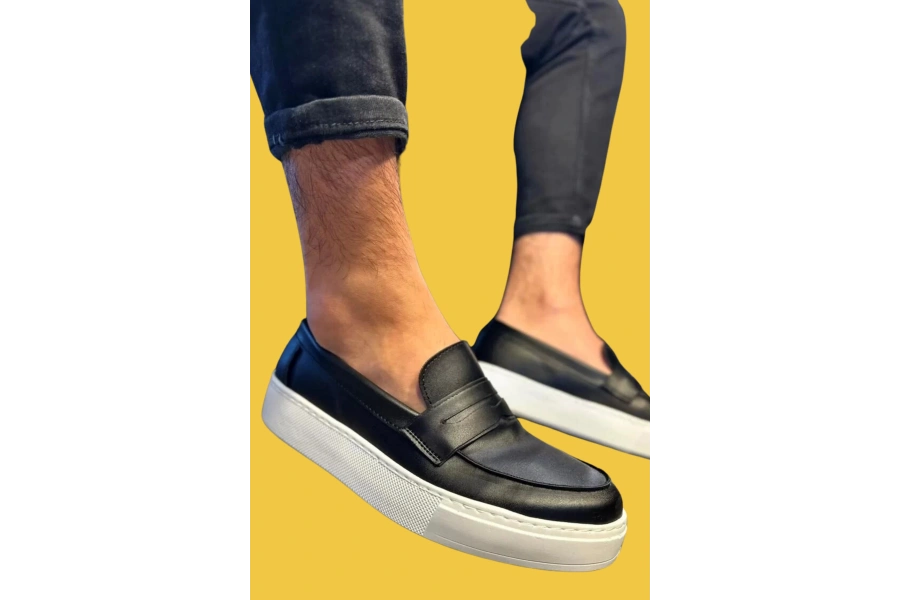 Shoecide Bağcıksız Slip-on Erkek Siyah Günlük Klasik Ayakkabı 400 (beyaz Taban)