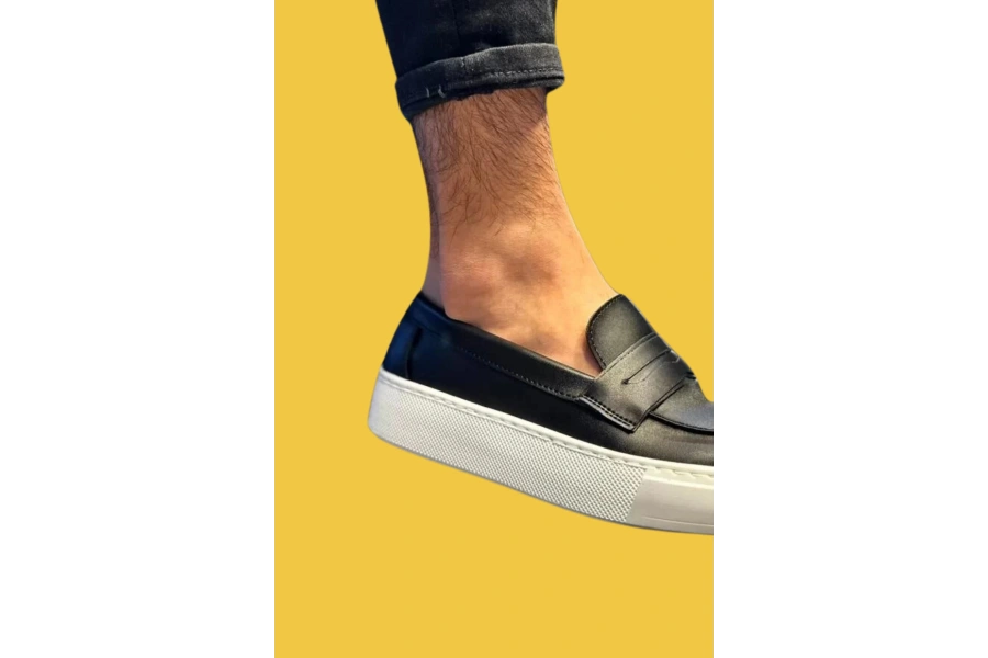 Shoecide Bağcıksız Slip-on Erkek Siyah Günlük Klasik Ayakkabı 400 (beyaz Taban)