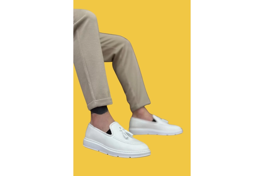 Shoecide Bağcıksız Yüksek Taban Klasik Beyaz Püsküllü Erkek Ayakkabı