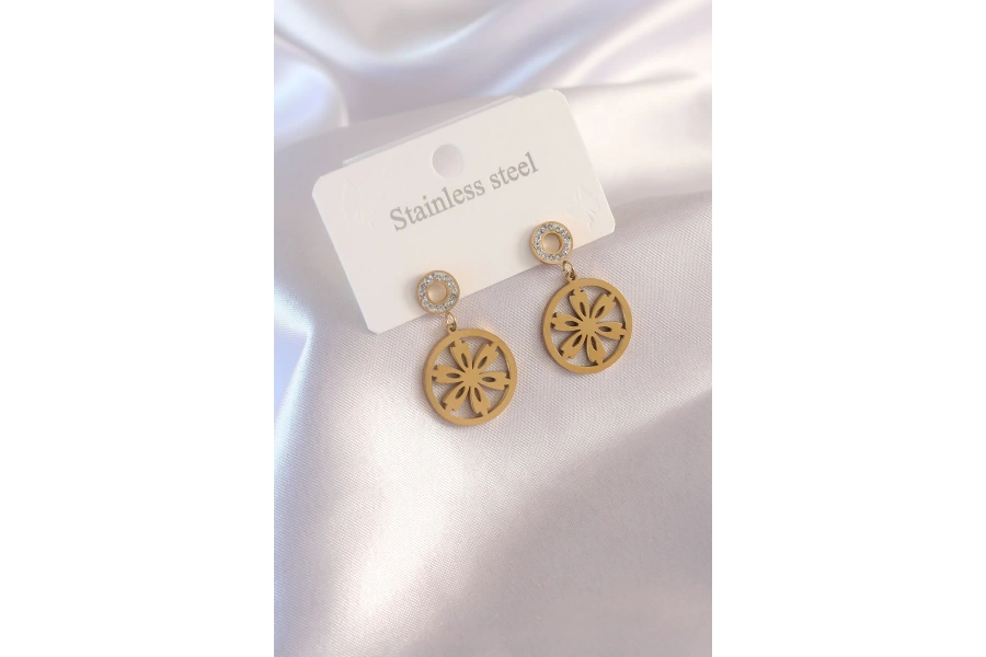 Shoecide Çelik Gold Renk Çiçek Figür Zirkon Taş Detay Kadın Küpe