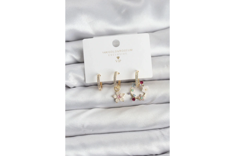 Shoecide Çiçek Model Gold Renk Pirinç 3lü Kadın Küpe Seti