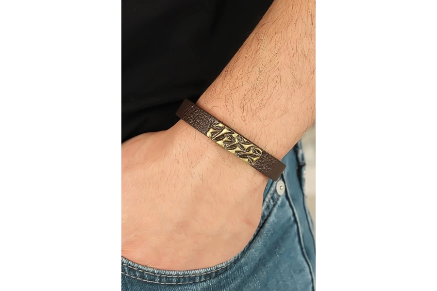 Shoecide Eskitme Metal Şık Aksesuarlı Kahverengi Deri Erkek Bileklik
