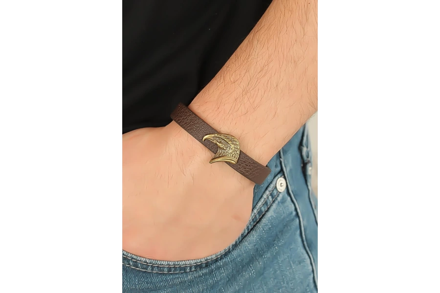 Shoecide Eskitme Renk Metal Kartal Aksesuarlı Kahverengi Deri Erkek Bileklik