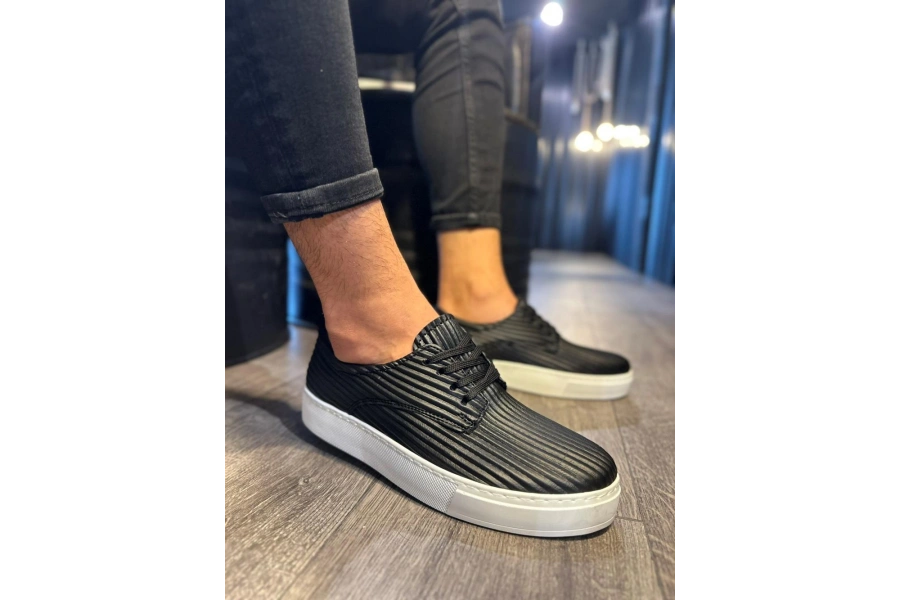 Shoecide Fitilli Desenli Günlük Ayakkabı 076 Siyah (beyaz Taban)