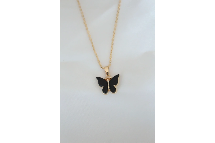 Shoecide Gold Kaplama Siyah Renkli Sedefli Kelebek Kolye