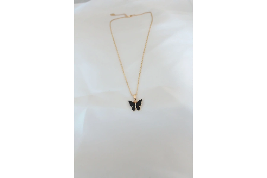 Shoecide Gold Kaplama Siyah Renkli Sedefli Kelebek Kolye