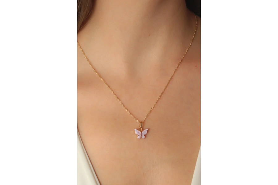 Shoecide Gold Lila Renk Kelebek Figür Kadın Kolye