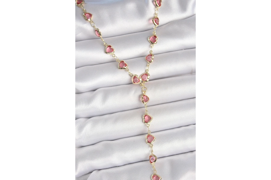 Shoecide Gold Pembe Renk Kalp Figürlü Zirkon Taşlı Y Pirinç Kolye