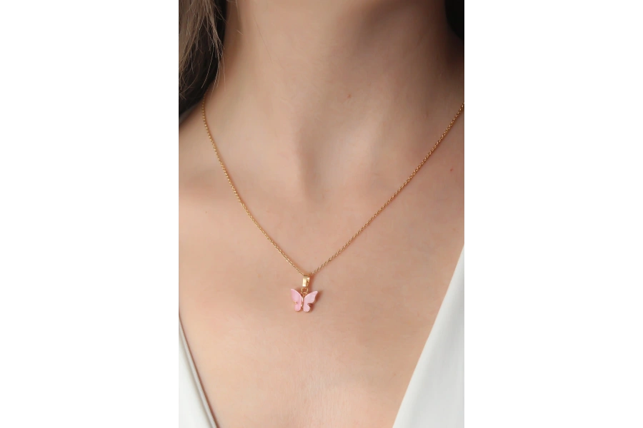 Shoecide Gold Pembe Renk Kelebek Figür Kadın Kolye