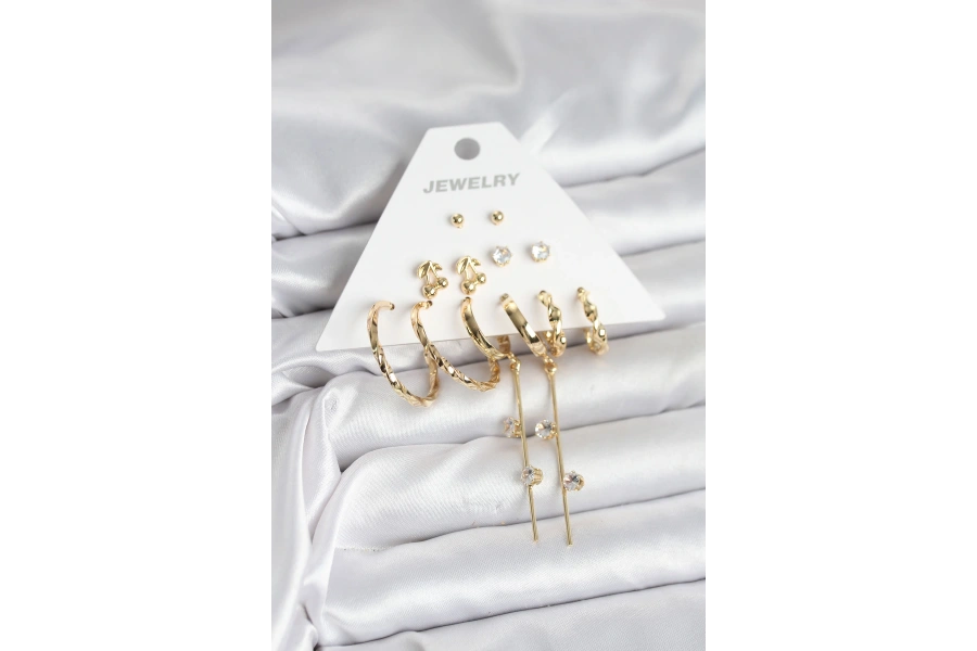 Shoecide Gold Renk 6 Çift Pirinç Kadın Küpe Seti