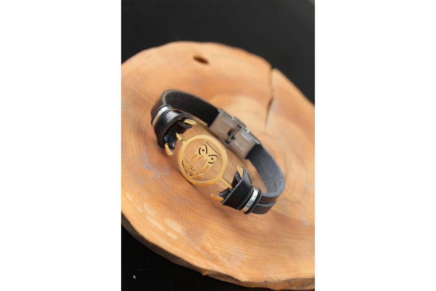 Shoecide Gold Renk Baykuşlu Metal Aksesuarlı Siyah Renk Deri Erkek Bileklik