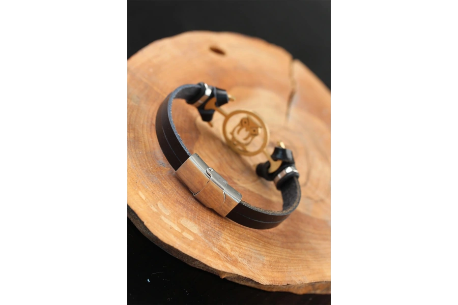 Shoecide Gold Renk Baykuşlu Metal Aksesuarlı Siyah Renk Deri Erkek Bileklik