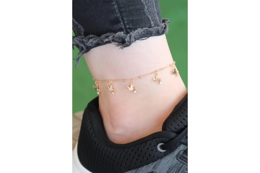 Shoecide Gold Renk Güvercin Tasarımlı Zirkon Taşlı Halhal