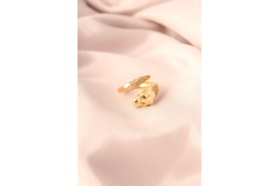 Shoecide Gold Renk Metal Zirkon Taşlı Kaplan Model Ayarlanabilir Kadın Yüzük