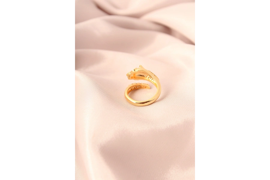 Shoecide Gold Renk Metal Zirkon Taşlı Kaplan Model Ayarlanabilir Kadın Yüzük
