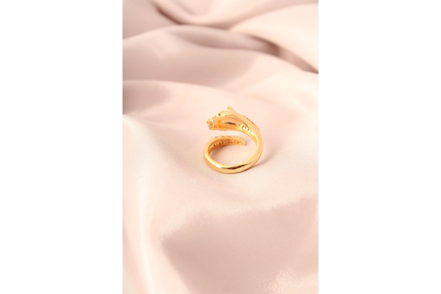 Shoecide Gold Renk Metal Zirkon Taşlı Kaplan Model Ayarlanabilir Kadın Yüzük