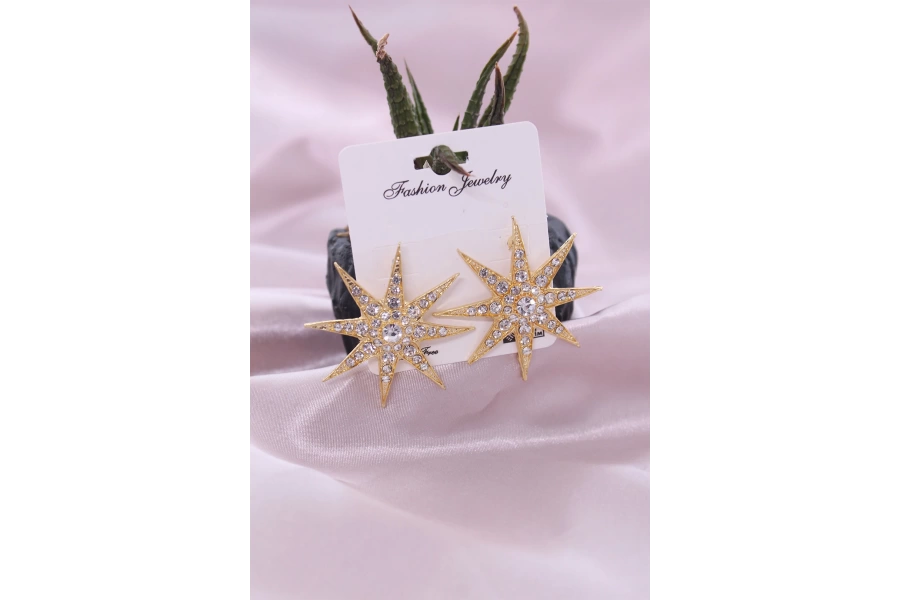 Shoecide Gold Renk Metal Zirkon Taşlı Kutup Yıldızı Model Kadın Küpe Seti