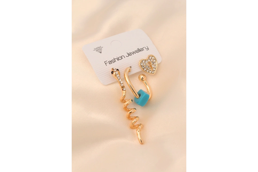 Shoecide Gold Renk Metal Zirkon Taşlı Yılan Ve Kalp Detaylı Küpe Seti