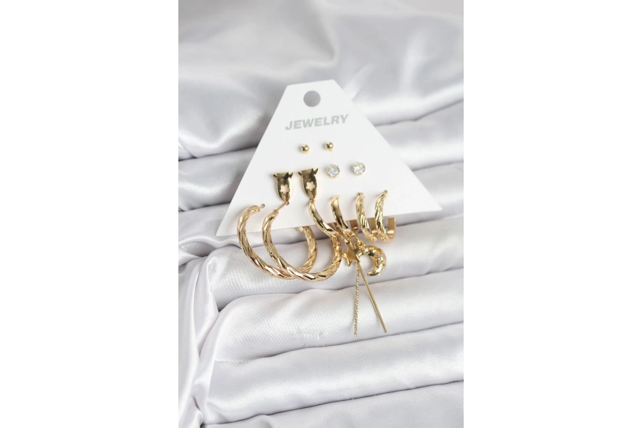 Shoecide Gold Renk Pirinç 6lı Kadın Küpe Seti