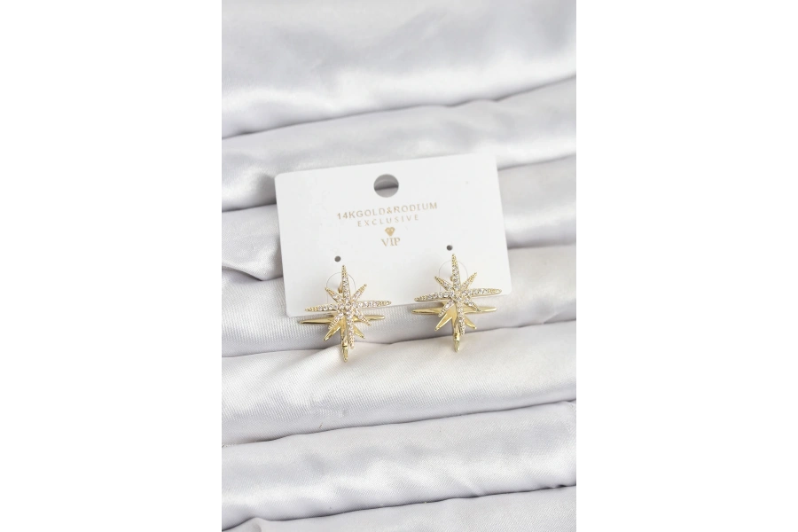 Shoecide Gold Renk Pirinç Çift Taraflı Kutup Yıldızı Kadın Küpe