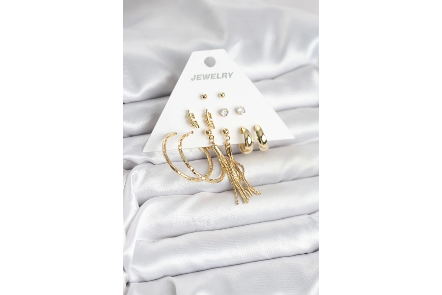 Shoecide Gold Renk Pirinç Kadın 6 Çift Küpe Seti