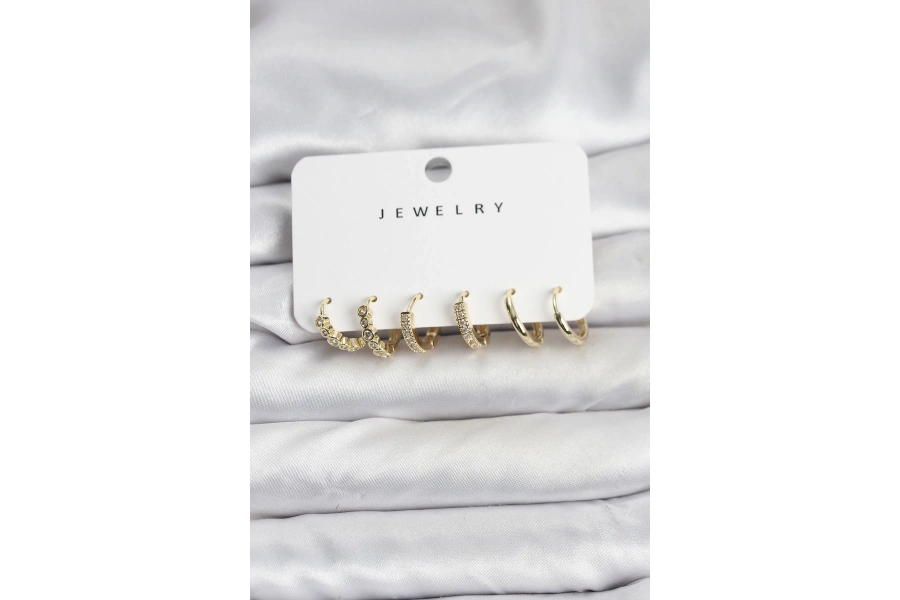 Shoecide Gold Renk Pirinç Zirkon Taşlı Kadın Küpe Seti