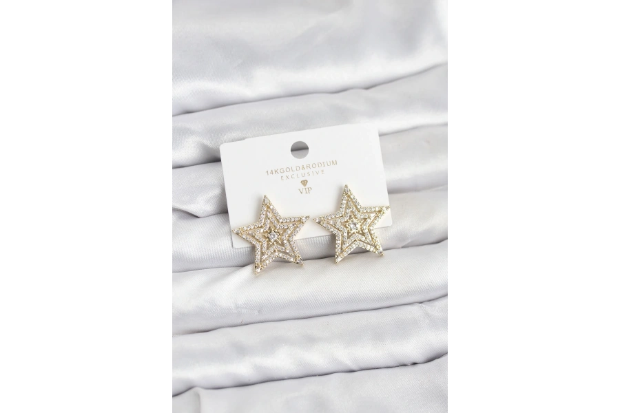 Shoecide Gold Renk Pirinç Zirkon Taşlı Yıldız Model Kadın Küpe