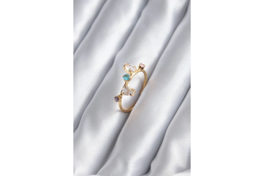 Shoecide Gold Renk Renkli Zirkon Taşlı Kadın Yüzük