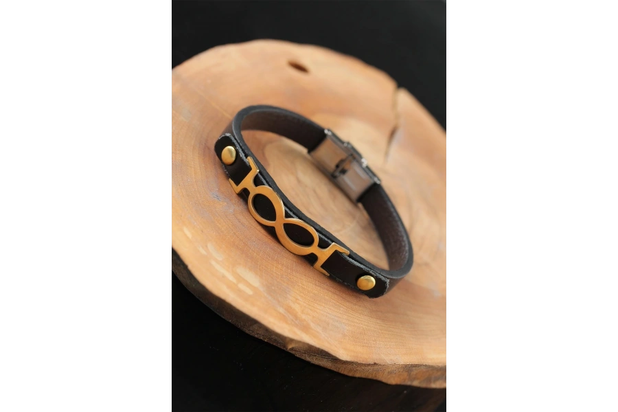 Shoecide Gold Renk Sonsuzluklu Metal Aksesuarlı Siyah Deri Erkek Bileklik