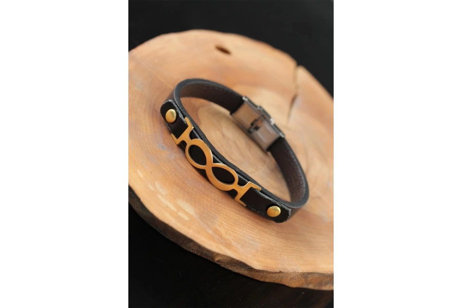 Shoecide Gold Renk Sonsuzluklu Metal Aksesuarlı Siyah Deri Erkek Bileklik