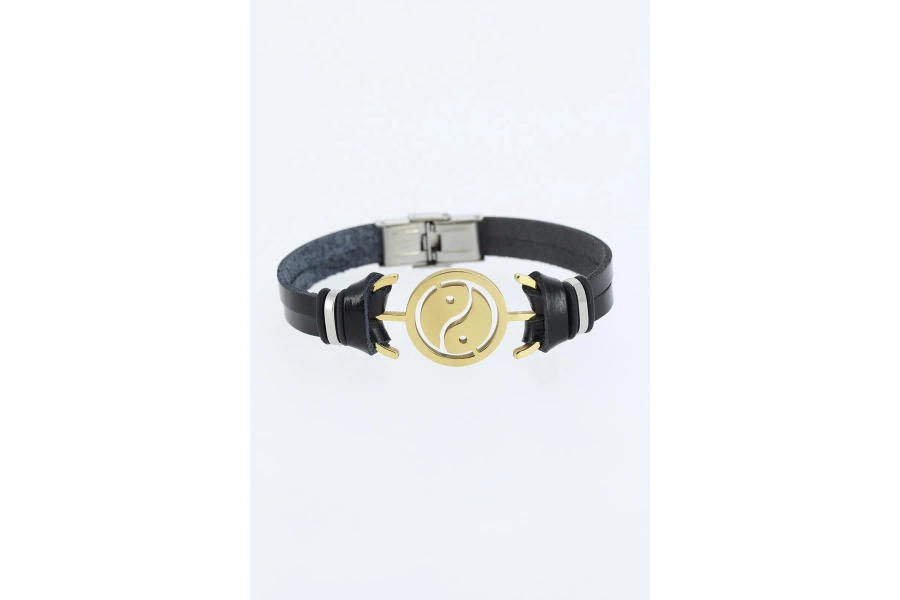 Shoecide Gold Renk Yin Yang Figürlü Metal Aksesuarlı Siyah Renk Deri Erkek Bileklik