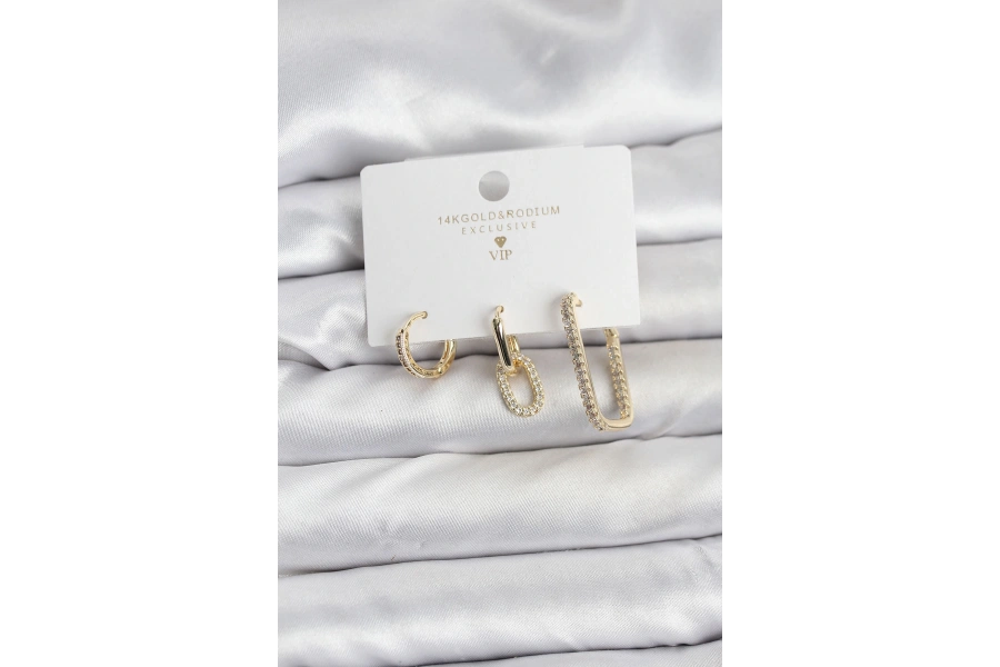 Shoecide Gold Renk Zirkon Taşlı 3lü Kadın Küpe Seti