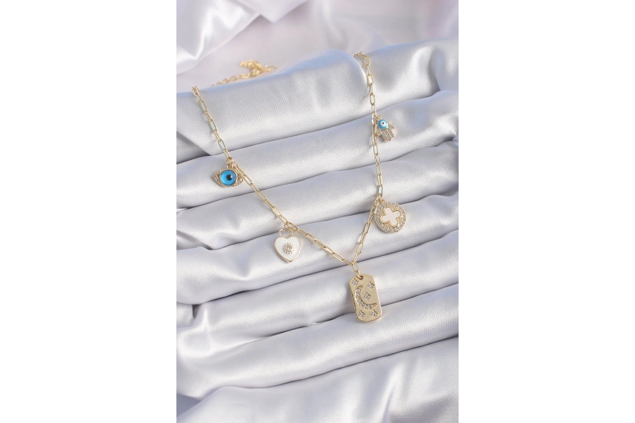 Shoecide Gold Renk Zirkon Taşlı Çoklu Figür Model Şans Kolyesi