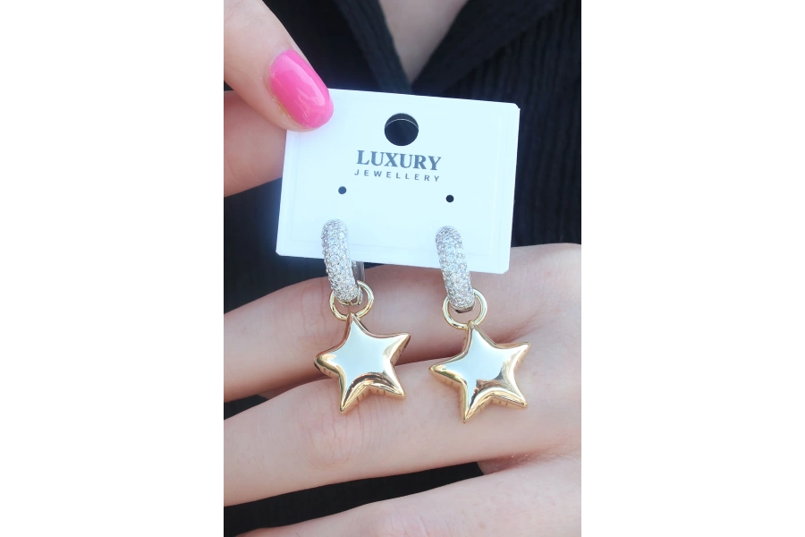 Shoecide Gold Renk Zirkon Taşlı Halka Yıldız Figür Pirinç Kadın Küpe