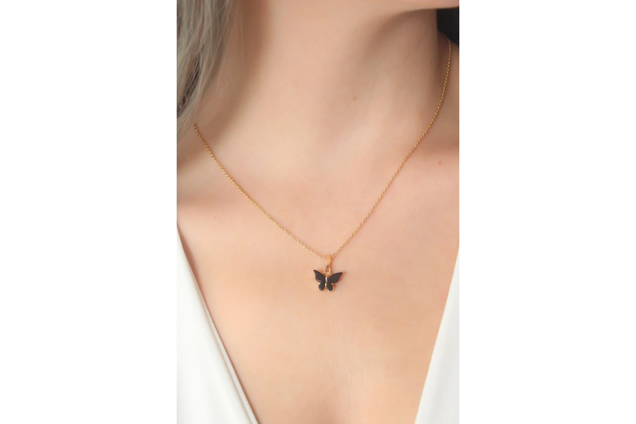 Shoecide Gold Siyah Renk Kelebek Figür Kadın Kolye