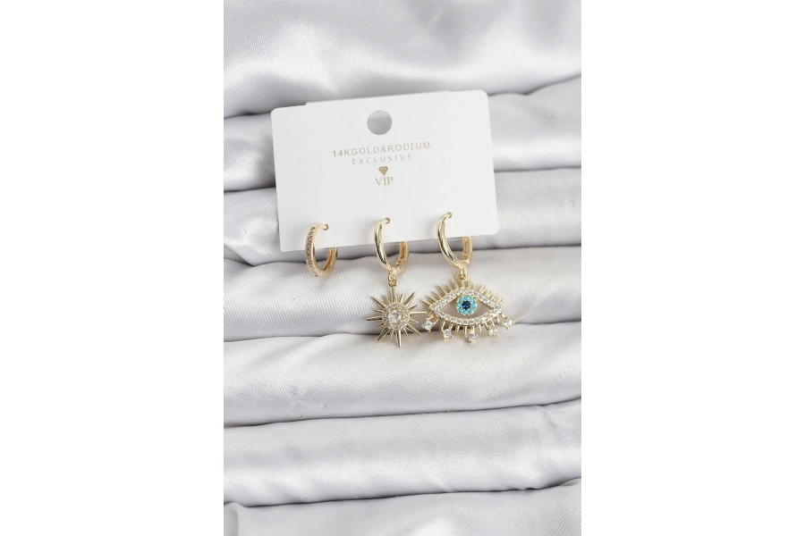 Shoecide Göz Model Gold Renk Pirinç 3lü Kadın Küpe Seti