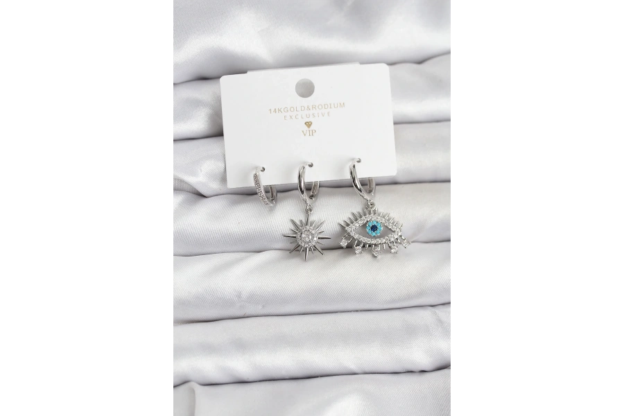 Shoecide Göz Model Gümüş Renk Pirinç 3lü Kadın Küpe Seti