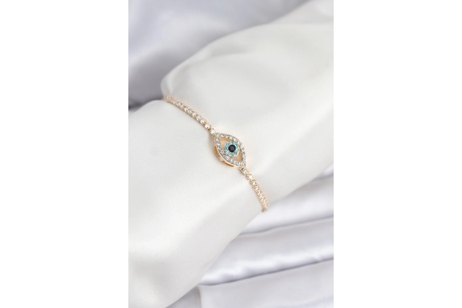 Shoecide Göz Model Zirkon Taşlı Gold Renk Asansörlü Su Yolu Bileklik