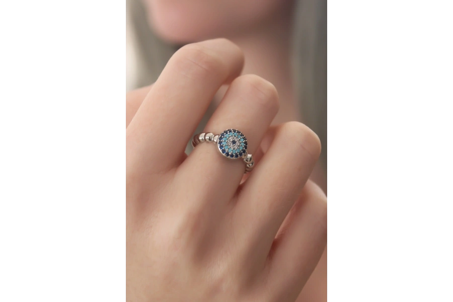 Shoecide Gümüş Renk Nazar Boncuk Figür Zirkon Taş Detay Kadın Yüzük