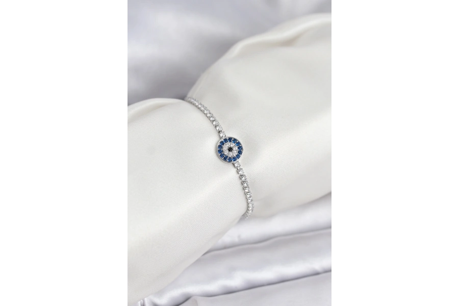 Shoecide Gümüş Renk Nazar Model Zirkon Taşlı Asansörlü Su Yolu Bileklik