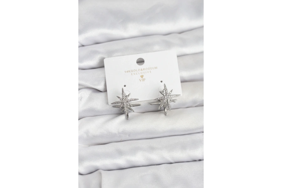 Shoecide Gümüş Renk Pirinç Çift Taraflı Kutup Yıldızı Kadın Küpe