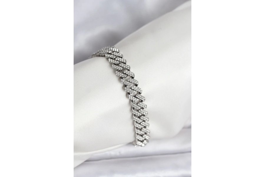 Shoecide Gümüş Renk Pirinç Cuba Chain Gurmet Bileklik